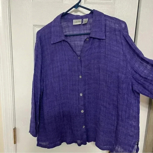 Beautiful Chico’s Sheer Purple Blouse Button Down Three-Quarter Length Sleeves - Picture 6 of 13